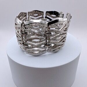 Vintage Monet Silver Tone Wide Panel XO Link Bracelet Texture Openwork Statement